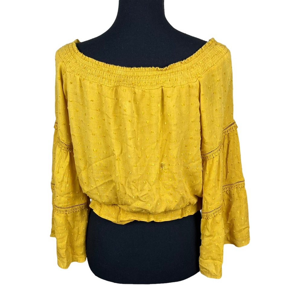 Aqua Women's Cropped Off-The-Shoulder Smocked Bell Sleeve Top Size Small Mustard - Picture 2 of 12